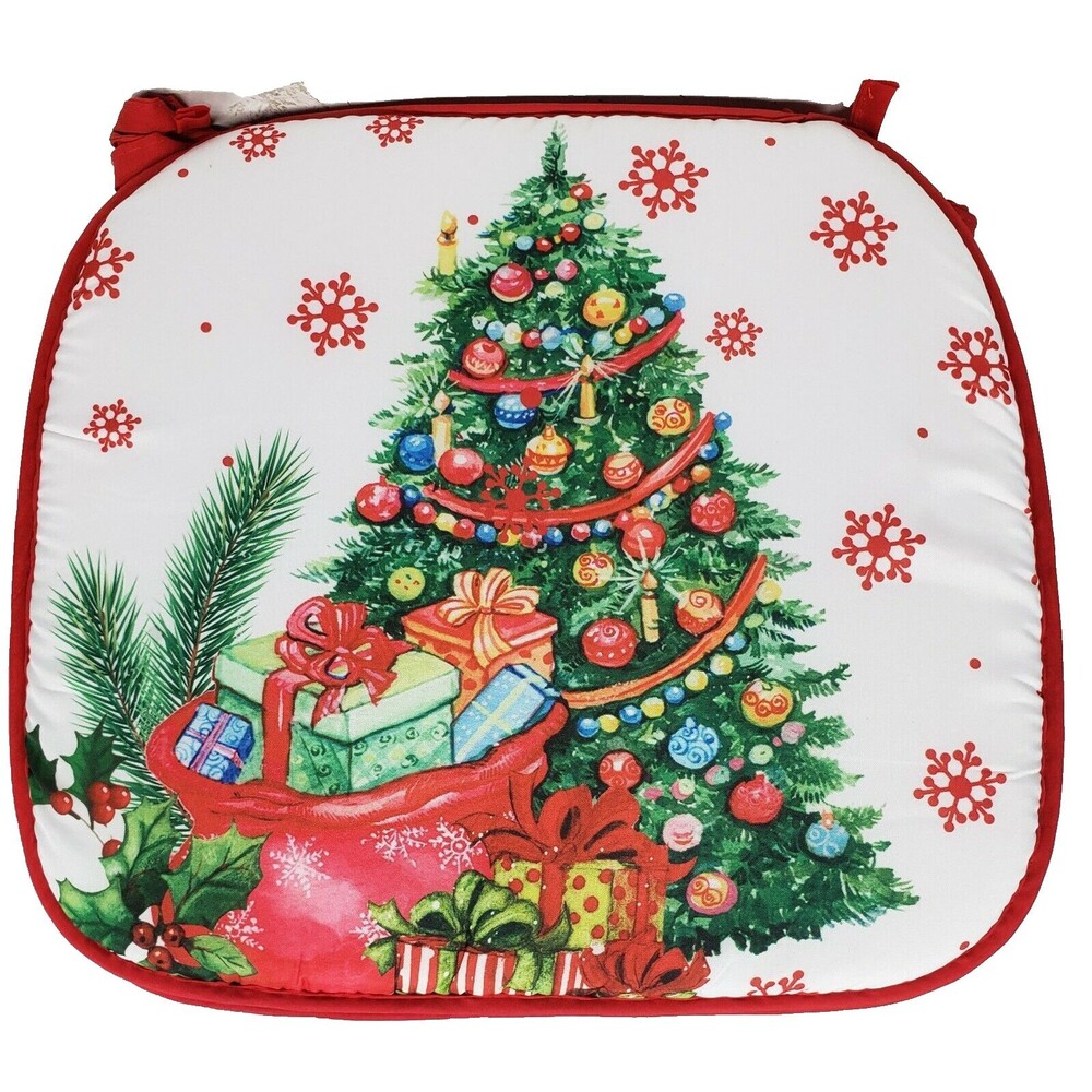 Set of 4 Cushion Chair Pads w/ties, 15"x15",CHRISTMAS TREE,GIFTS & SNOWFLAKES,CE